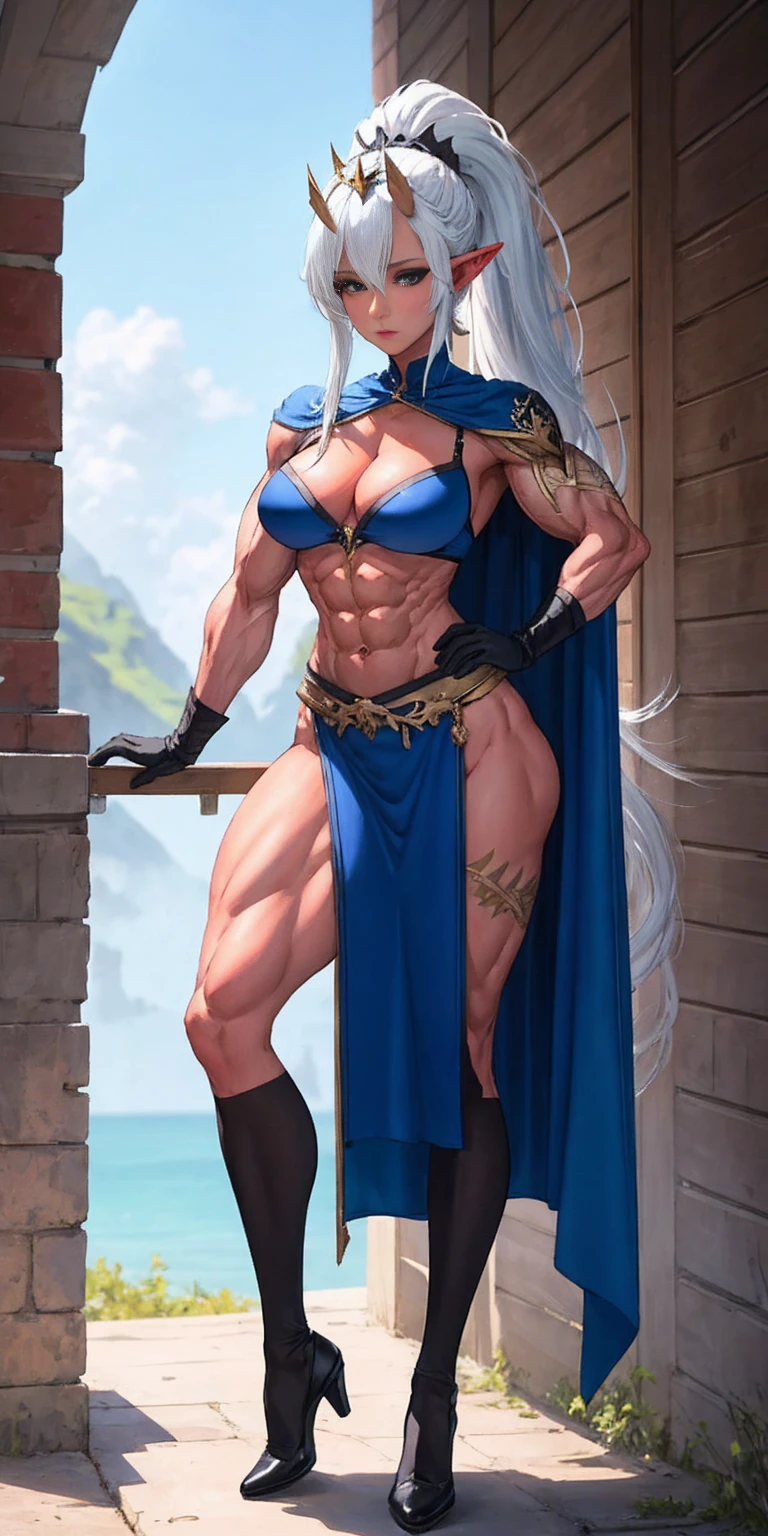 extremely long hair , ponytail, perfect anatomy 1 girl tall solo, slim thick, ((muscular)) high elf toned body, silver breast plate, blue cape, slendered abs, hourglass waist, detailed face, defined cheekbones, puffy lips, gauntlets, gold crown, shadow over eyes, looking at viewer, masterpiece, white thigh highs lingerie, high heels