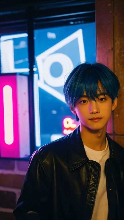 (Highly realistic photos, concentrate、High resolution, Detailed face, Detailed Hair,fine grain), ((Shooting in front of a wall))、Japanese men, 20-year-old, One boy,Only one person is in the photo、Natural look、 Upper body portrait,masterpiece,Kim Taehyung\(BTS\),Stage makeup,Fair skin,Broad shoulders:1.5,(Blue Hair, :1.2),(Reckless), shy,The intense neon lighting casts dynamic, colorful shadows on her face, emphasizing the lively energy of Tokyo's night life --ar 3:4 --style raw --stylize 250、smile