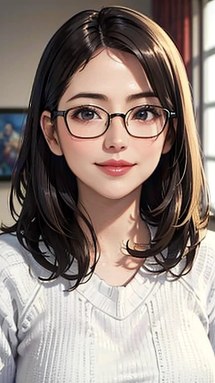 1 female, /(Tight sweater/) V-neck, Mature Woman, /((((Mid-length hair、Light brown hair、Blonde hair)))) Beautiful forehead, Stylish Glasses、Large Breasts、Bright red lips、A gentle blushing smile, (Masterpiece of the highest quality:1.2) Delicate illustrations, super detailed, /(Modern house living room/) indoor