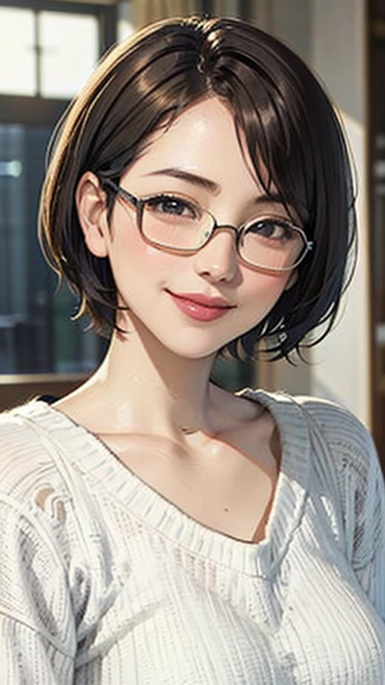 1 female, /(Tight sweater/) V-neck, Mature Woman, /((((short hair、Light brown hair、Blonde hair)))) Beautiful forehead, Stylish Glasses、Large Breasts、Bright red lips、A gentle blushing smile, (Masterpiece of the highest quality:1.2) Delicate illustrations, super detailed,  /(Modern house living room/) indoor