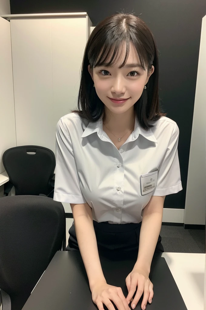 (Natural background), masterpiece, highest quality, shape, Very detailed, finely, High resolution, 8k wallpaper, 完璧なダイナミックな構shape, finelyて美しい目, Natural color lip, Random pose, smile, ((office)), Beautiful woman,Big Breasts、Full Body Shot, ((working office uniform)), (dark), Thinking Ahead, Sit on a chair