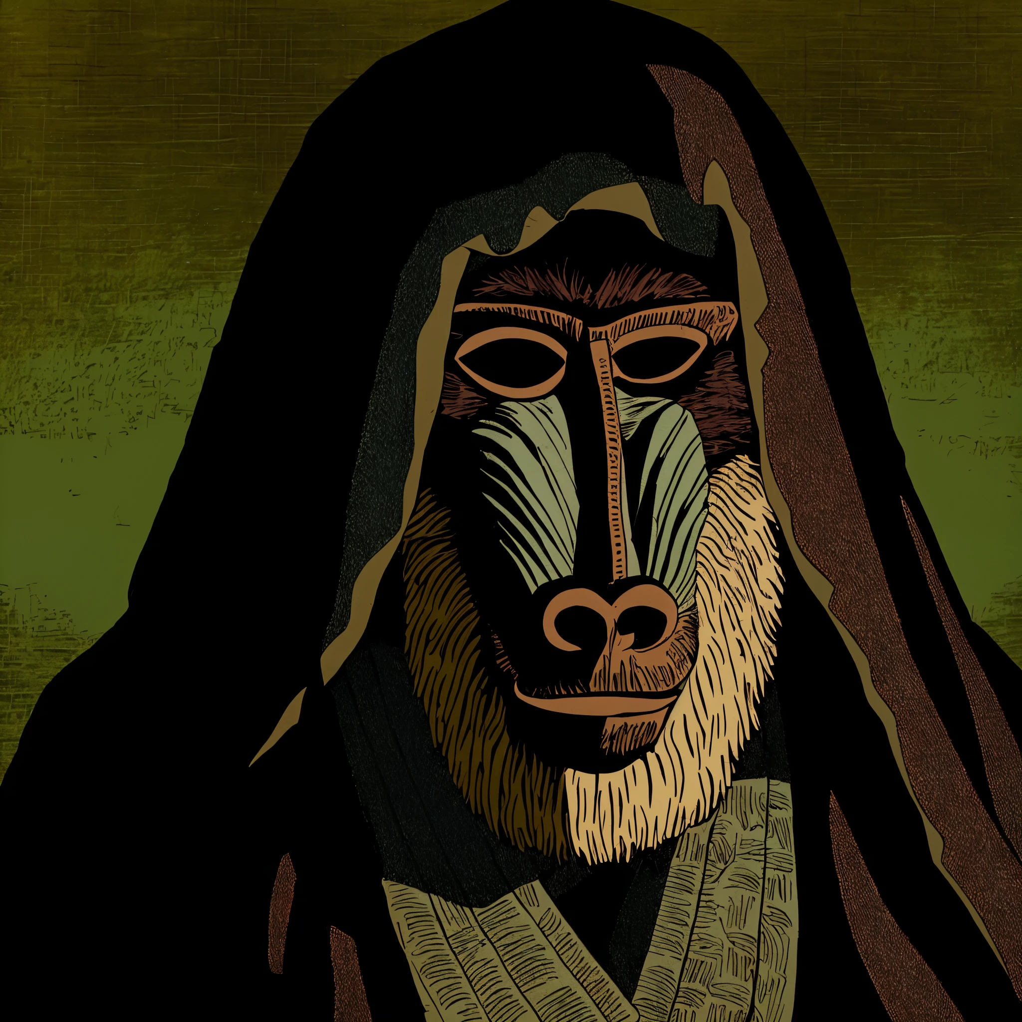 A baboon dressed in a dark cape. He looks at the horizon while his hand holds a staff