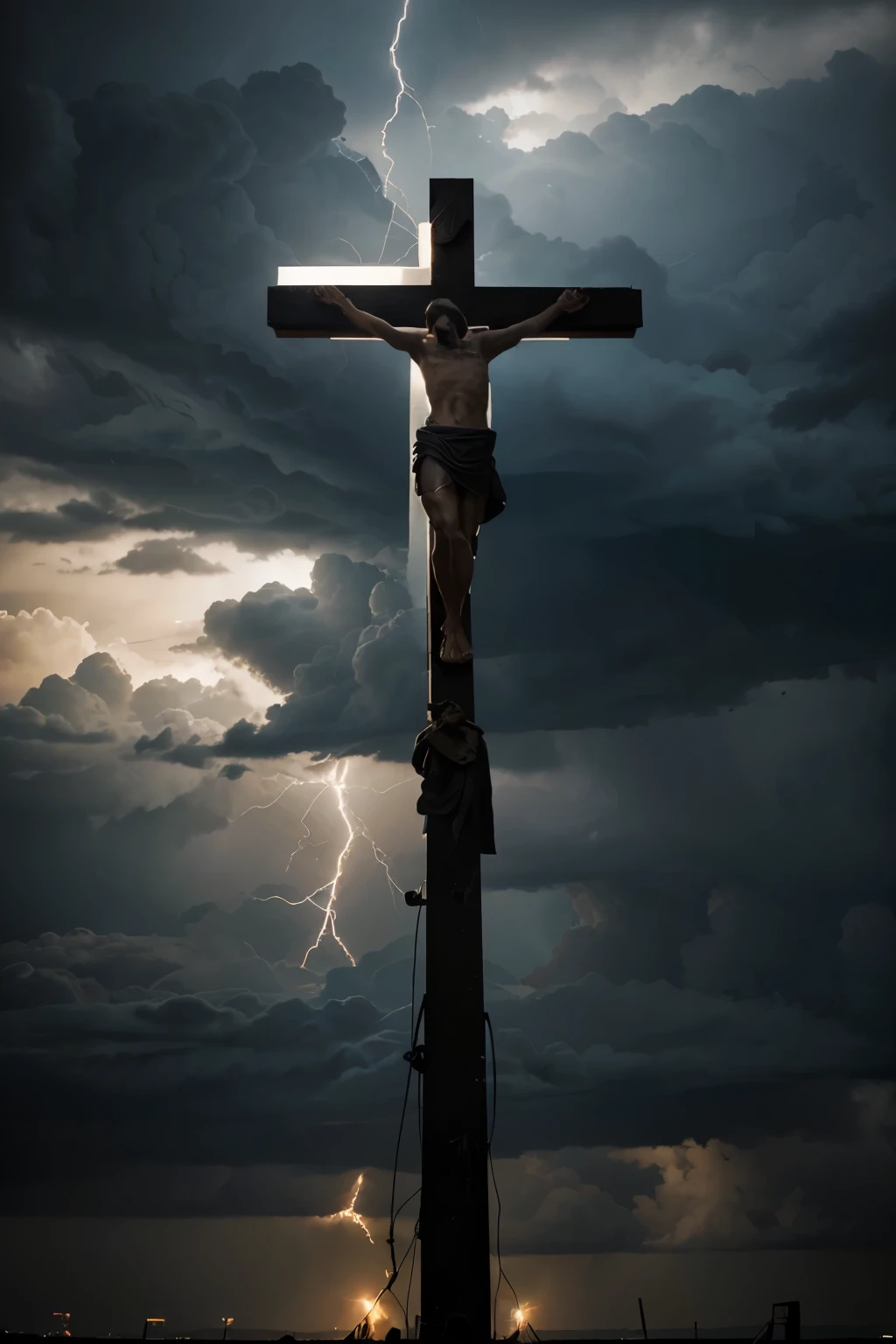 Imagine Jesus on the cross, with dark storm clouds gathering overhead. As the scene unfolds, lightning flashes across the sky, illuminating the scene in a surreal glow. Despite the ominous weather, Jesus remains calm and resolute, embodying a profound sense of peace and purpose. The storm rages on, but it is as if Jesus' presence transcends the chaos, symbolizing his ultimate victory over sin and death.