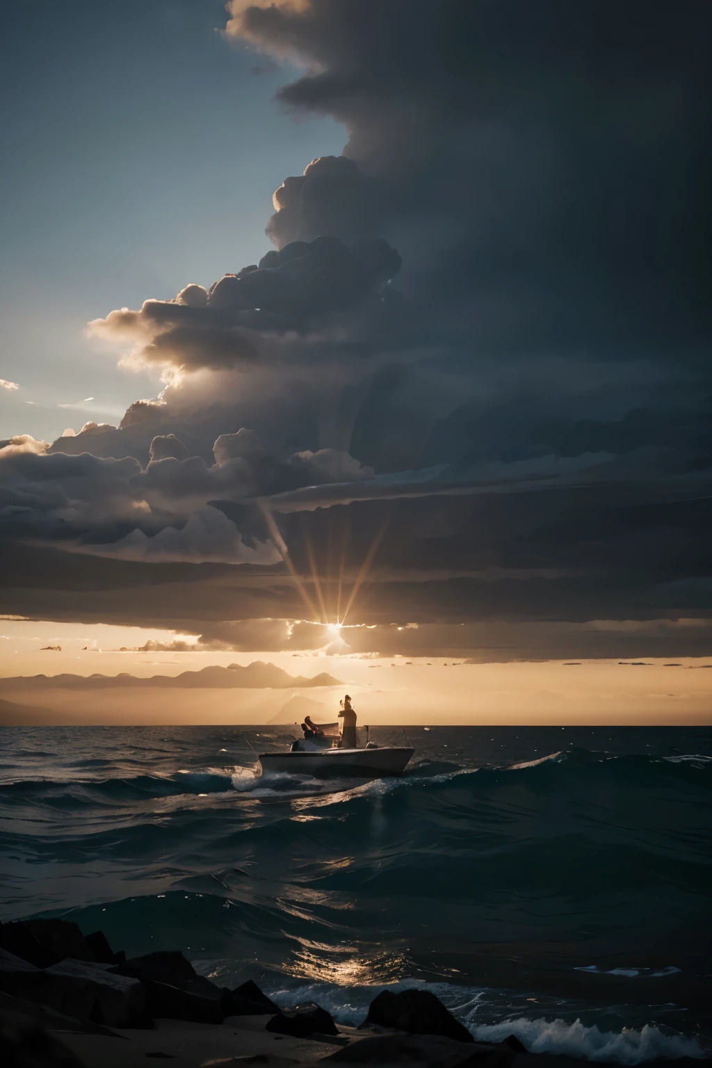 Describe a scene where Jesus demonstrates his power in a surprising and impactful way. He stands before a large crowd on a mountainous terrain, the sun setting on the horizon. With a simple word, He calms a violent storm that threatened to sink the boats of the fishermen following Him. The waves instantly quiet down, the wind ceases, and a reverent silence falls over the area as everyone witnesses Jesus' power over nature.
