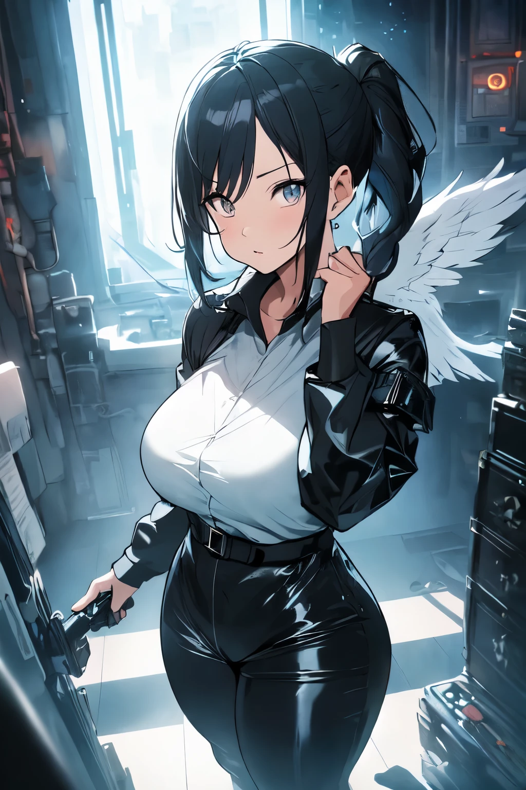beautiful, alone, 1 chubby woman with 5 pair of  black archangel wings, long hair tied in a ponytail, black hair, blue highlights at the ends of her hair, silver eyes (detailed eyes), determined look, embarrassed expression, red lips (perfect lips), wide hips, potato thick leg, black leather jumpsuit, pleated skirt,long fur jacket, futuristic, cyberpunk, cinematic angle, cinematic lighting, artwork, best quality, nsfw, crotch rubbing
