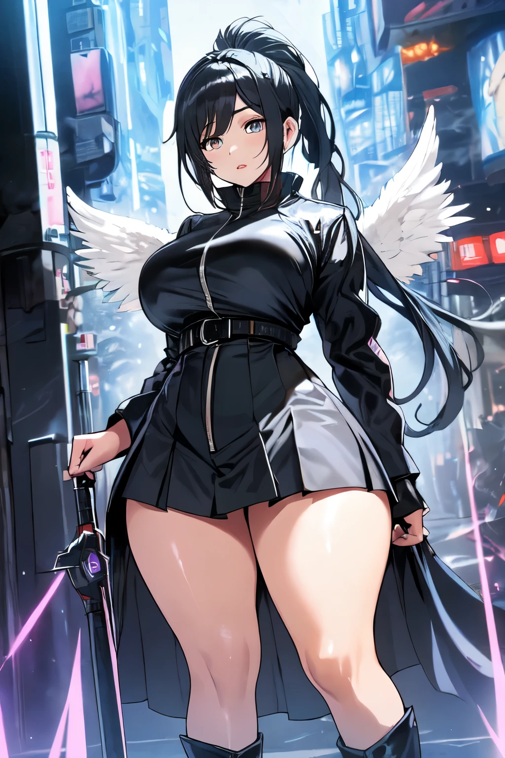 beautiful, alone, 1 chubby woman with 5 pair of black archangel wings, long hair tied in a ponytail, black hair, blue highlights at the ends of her hair, silver eyes (detailed eyes), determined look, embarrassed expression, red lips (perfect lips), wide hips, potato thick leg, black leather jumpsuit, pleated skirt,long fur jacket, futuristic, cyberpunk, cinematic angle, cinematic lighting, artwork, best quality, nsfw, crotch rubbing