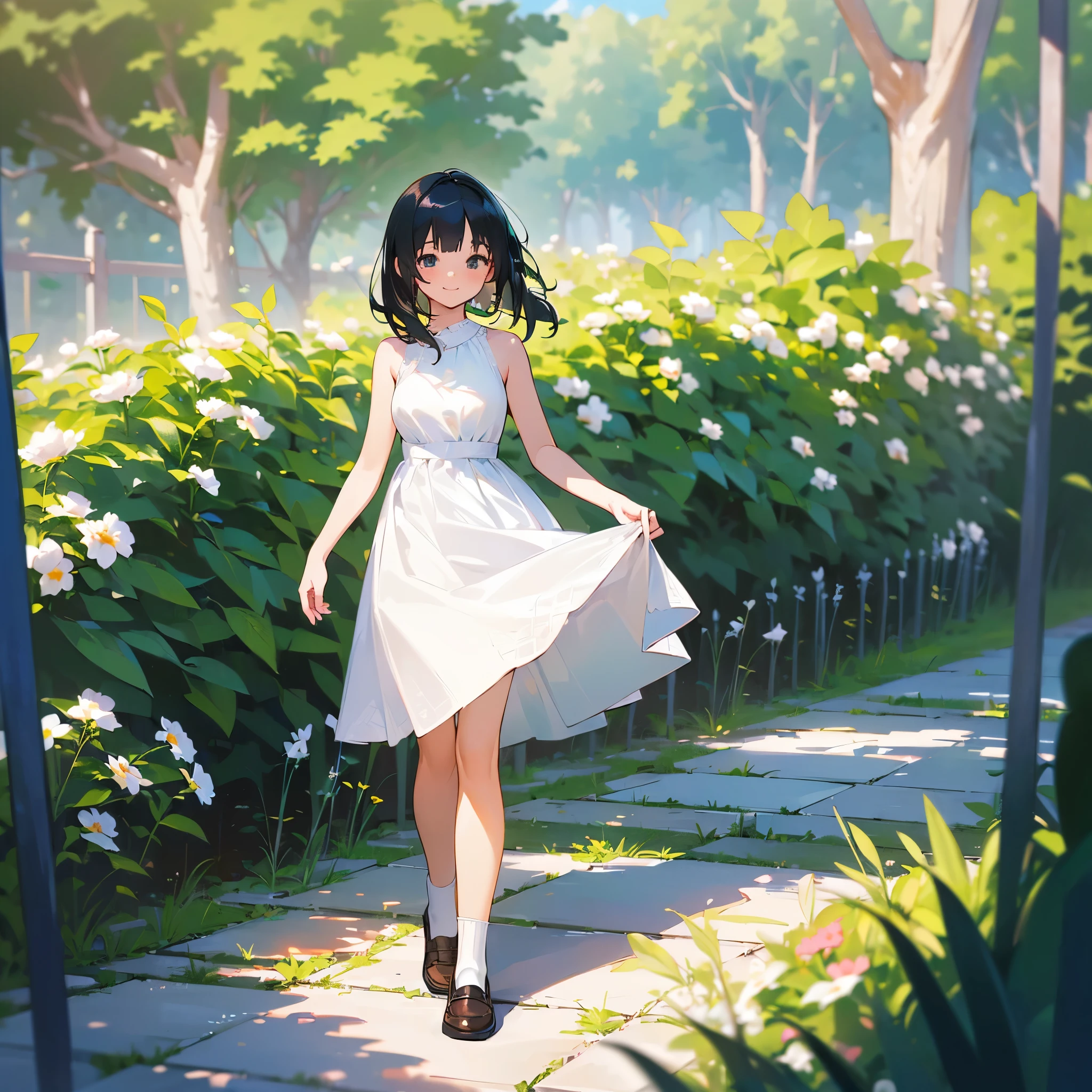 (high quality, High resolution, Very detailed, reality:1.37), Peaceful atmosphere, (Outdoor, garden),  girl standing alone, (my breasts are big.), Beautiful details, Cute Smile, (Black bob hair), White sleeveless dress, White socks, loafers.