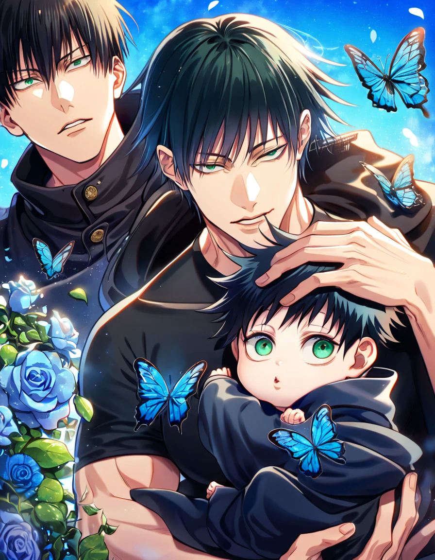 absurdres, highres, ultra detailed, HDR, master piece, best quality, Fushiguro Touji carrying baby Megumi, black straight hair, expressive green eyes, Jujutsu Kaisen, men, handsome, black leather coat, black tight shirt, blue butterflies, blue petals, blue flowers, magical, fantasy, blue background
