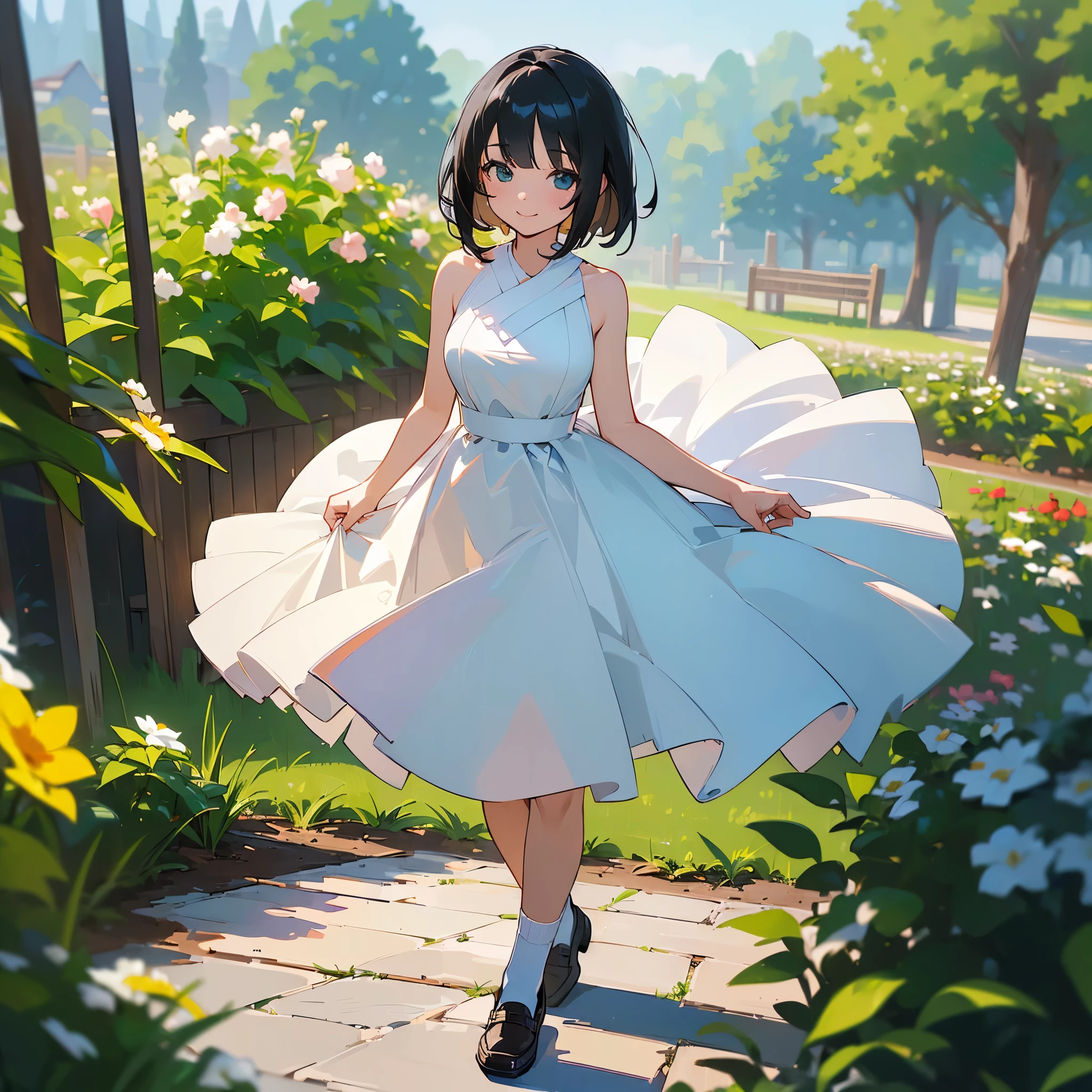 (high quality, High resolution, Very detailed, reality:1.37), Peaceful atmosphere, (Outdoor, garden), Teenage girl standing alone, (my breasts are big.), Beautiful details, Cute Smile, (Black bob hair), White sleeveless dress, White socks, loafers.