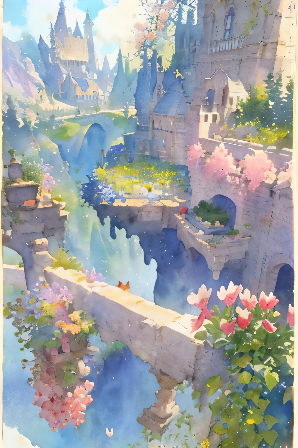 masterpiece, best quality, Watercolor Fantasy wild worlds, strange plants and flowers, flying creatures, colorful landscapes, watercolor scenery,