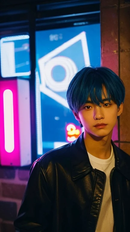 (Highly realistic photos, concentrate、High resolution, Detailed face, Detailed Hair,fine grain), ((Shooting in front of a wall))、Japanese men, 20-year-old, One boy,Only one person is in the photo、Natural look、 Upper body portrait,masterpiece,Kim Taehyung\(BTS\),Stage makeup,Fair skin,Broad shoulders:1.5,(Blue Hair, :1.2),(Reckless), shy,The intense neon lighting casts dynamic, colorful shadows on her face, emphasizing the lively energy of Tokyo's night life --ar 3:4 --style raw --stylize 250、anger
