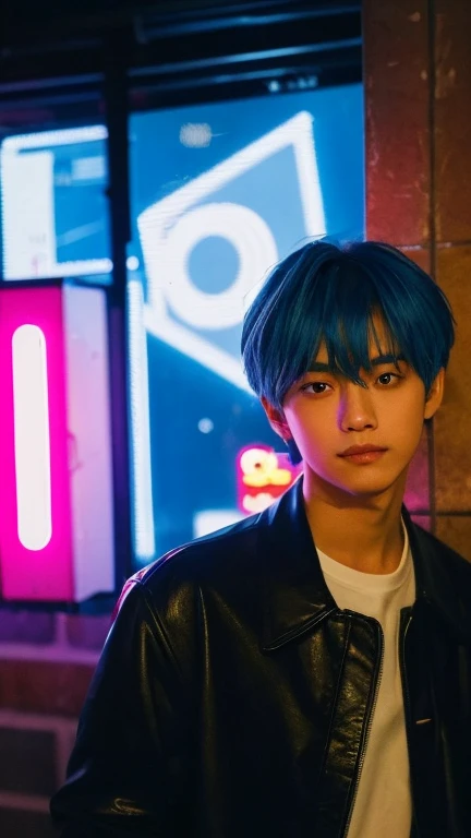 (Highly realistic photos, concentrate、High resolution, Detailed face, Detailed Hair,fine grain), ((Shooting in front of a wall))、Japanese men, 20-year-old, One boy,Only one person is in the photo、Natural look、                                                   Upper body portrait,masterpiece,Kim Taehyung\(BTS\),Stage makeup,Fair skin,Broad shoulders:1.5,(Blue Hair, :1.2),(Reckless), shy,The intense neon lighting casts dynamic, colorful shadows on her face, emphasizing the lively energy of Tokyo's night life --ar 3:4 --style raw --stylize 250、anger