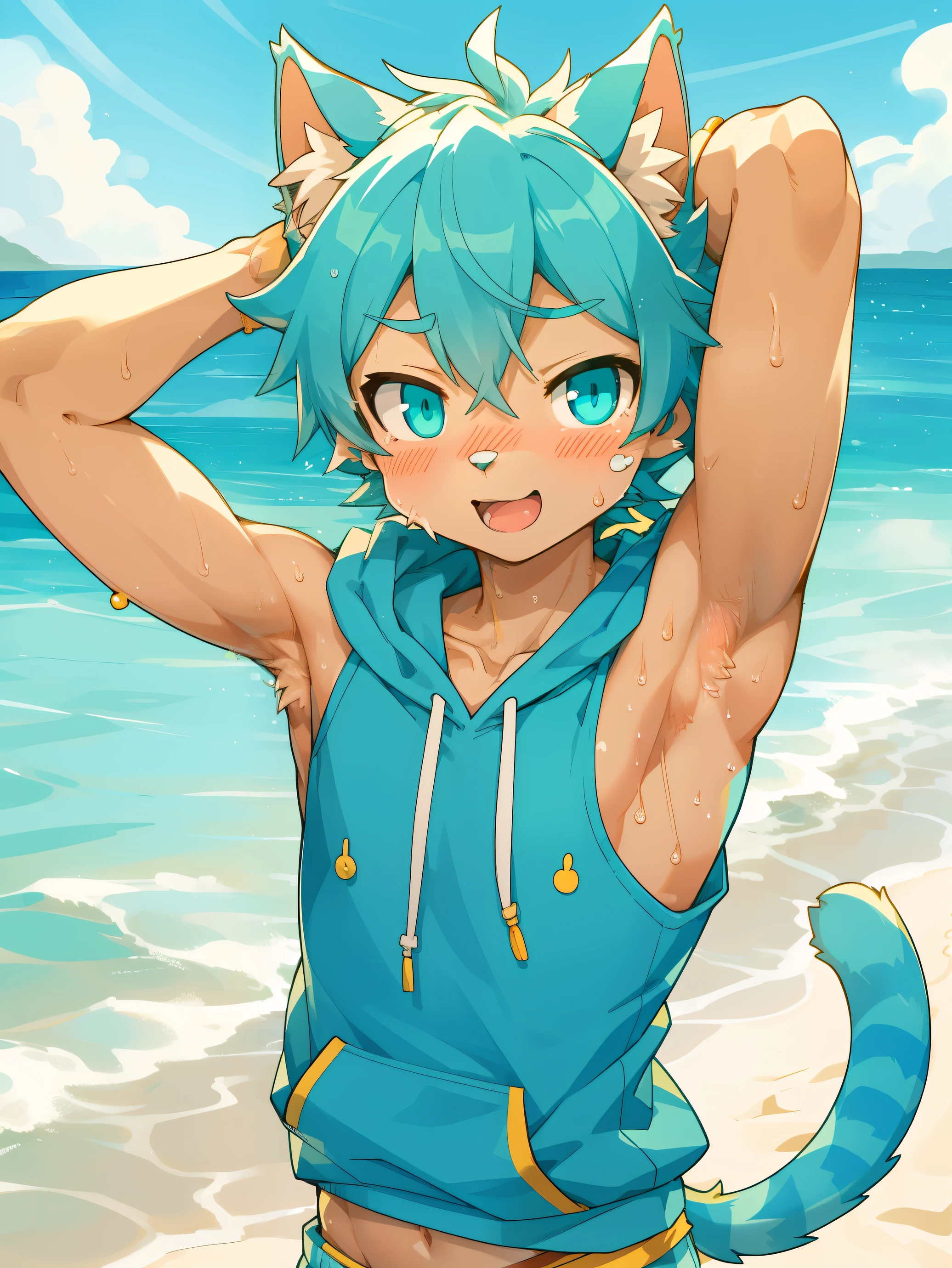 Anime style,top quality, best quality, High-quality illustrations, masterpiece, detailed background, 12-Year-Old-Boy, youg boy, shota, Cyan cat boy, Sleeveless hoodie, Body, (Showing armpit:1.4), Slim body, Slim stomach, Beach, cute, handsome, Happy, joyful, Sweat, Blush, (highly detailed beautiful face and eyes)perfect ???????(kemono, furry anthro)