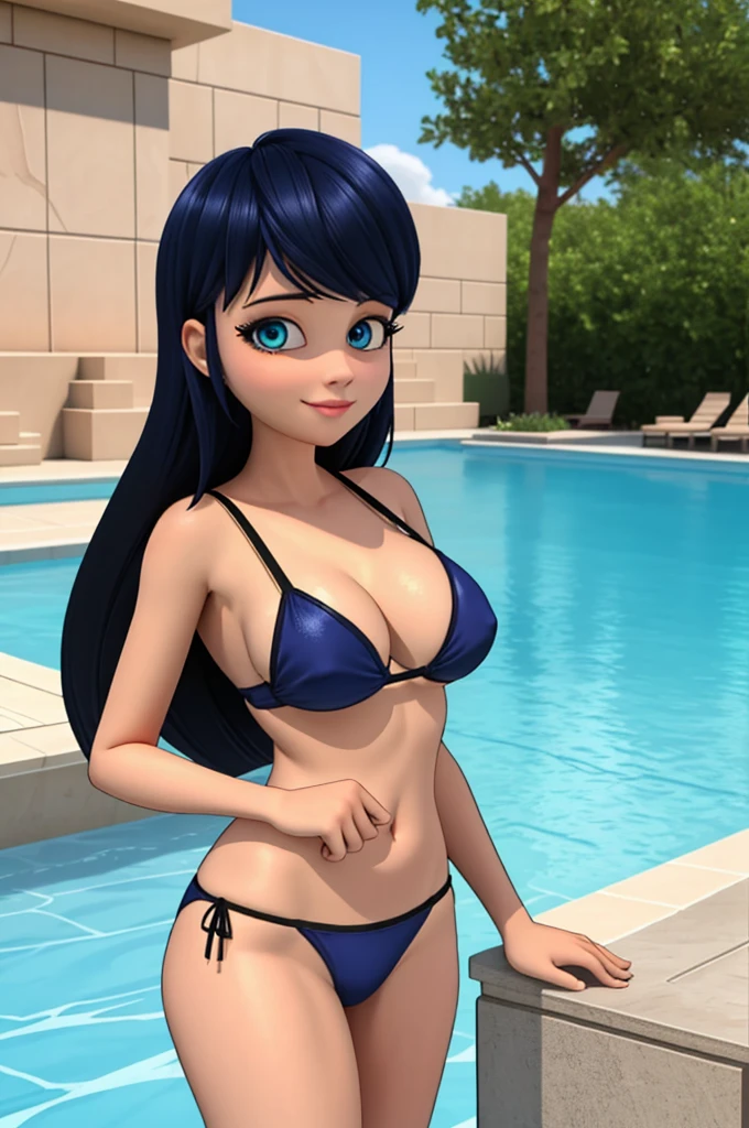 (8k, RAW photo, best quality, masterpiece:1.2), (intricate details), perfect eyes, perfect face, perfect lighting, beautiful, (masterpiece:1.2), (best quality:1.2), 1girl, solo, marinette, black mask blue hair, ((long brade hair)), adult torso, 19 years old, slight smile, huge sized breasts, ( bathing suit, thong ), cowboy shot, 3DMM, standing, front view sexy, black mask