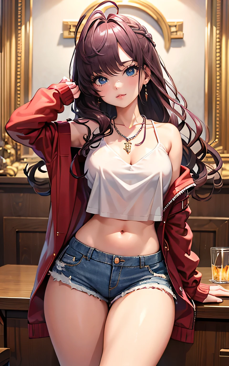 best quality,masterpiece,highly detailed,ultra-detailed score_9, score_8_up, score_7_up, score_6_up,source_anime, masterpiece,best quality,BREAK
1girl,short shorts, white shirt, see-through,half updo, ,necklace, denim, v-neck,thick thighs, shiny skin, stomach,
