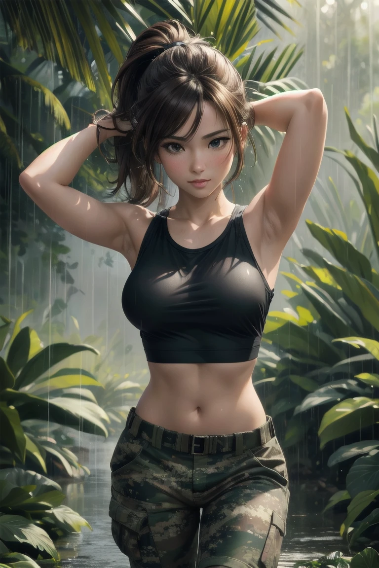 realistic portrait of a 36 year old woman, 1 girl, anime style, best quality, 4k, 8k, highres, masterpiece, ultra-detailed, photorealistic, black tanktop, tight military pants, baggy camo pants, walking in rainy jungle, brown hair, floating hair, medium breasts, detailed facial features, beautiful detailed eyes, beautiful detailed lips, extremely detailed face, long eyelashes, dynamic pose, dramatic lighting, cinematic atmosphere, muted color palette, rain effect, lush jungle environment, detailed textures, volumetric lightingponytail, standing up, looking at viewer, and on the back of head tying hair back, collarbone, full body shot, looking deeply into viewer eyes, facing viewer, arms up, hands on head