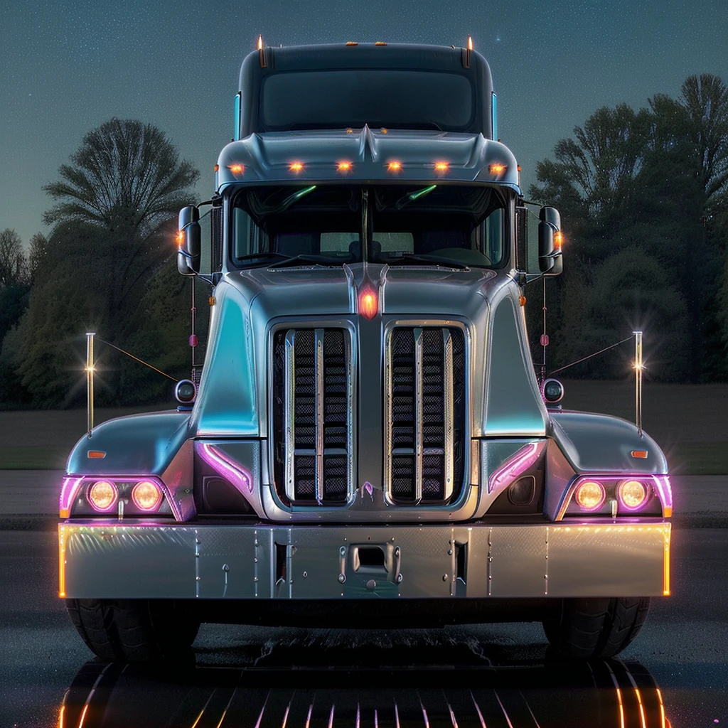 A highly detailed 18-wheeler semi truck in a dazzling hotrod inspired by TruckersRule, symmetrical
Sitting in a driveway of a victorian house in the style of liquid metal of the truck only Reflection night time neon lights glowing off the truck as it sits there. It's a great scene, fabulous creation. You're the best absolute best