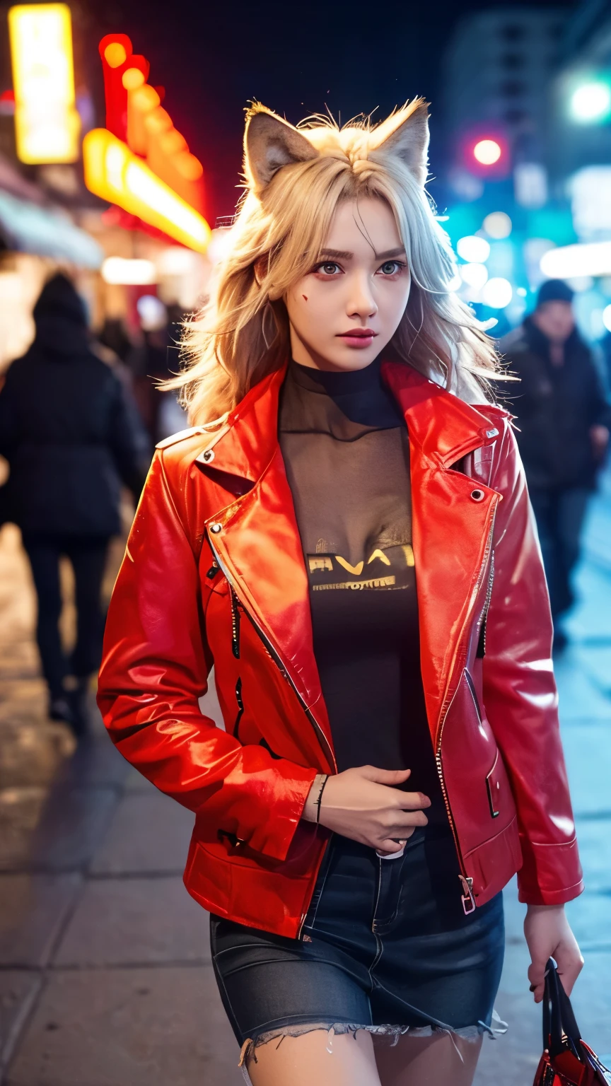 (Better details, high quality), Furry wolf, walking through city, (night, Bright Lights, city environment), (dynamic framework, Intense expression, messy hair), (Bright red eyes, detail jacket), (Colored spots, Slippery streets), (Focus on the wolf's head), (Bright focus on the eyes).