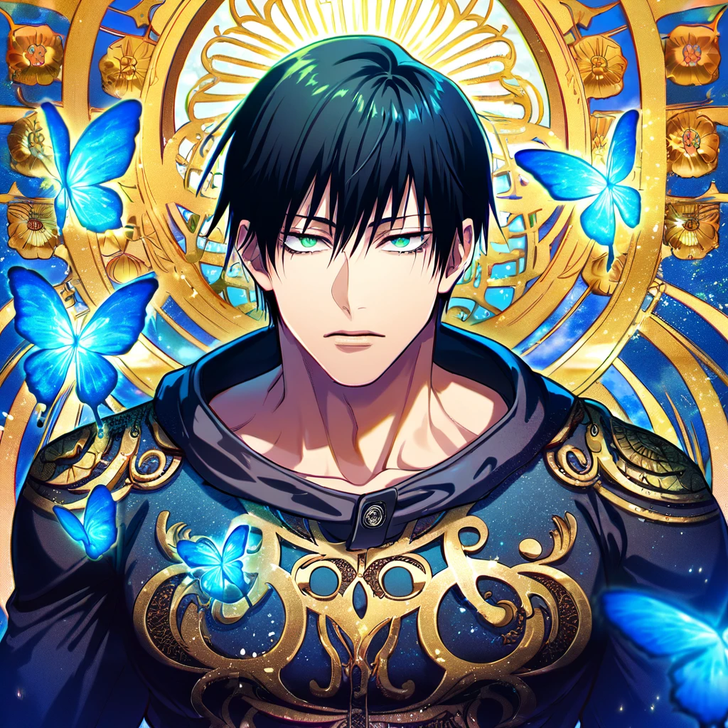 Ultra detailed, Highres, absurdres, HDR, Fushiguro Touji, black straight hair, expressive green eyes, black coat with patterns, Jujutsu Kaisen, black tight shirt, fantasy, glittering blue butterflies, petals, handsome, sexy man, solo, very detailed eyes and face, master piece, toned chest, glittering, blue flowers, blue background
