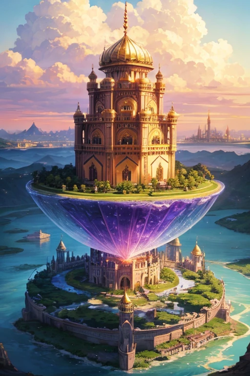 floating island with golden Muslim palace with vegetation and rivers with a tower in the center with a purple fire and blue sky background