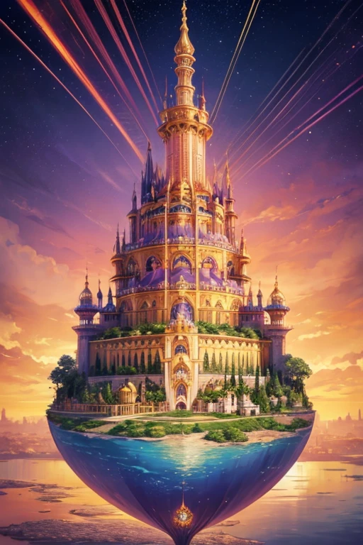 floating island with golden Muslim palace with vegetation and rivers with a tower in the center with a purple fire and blue sky background