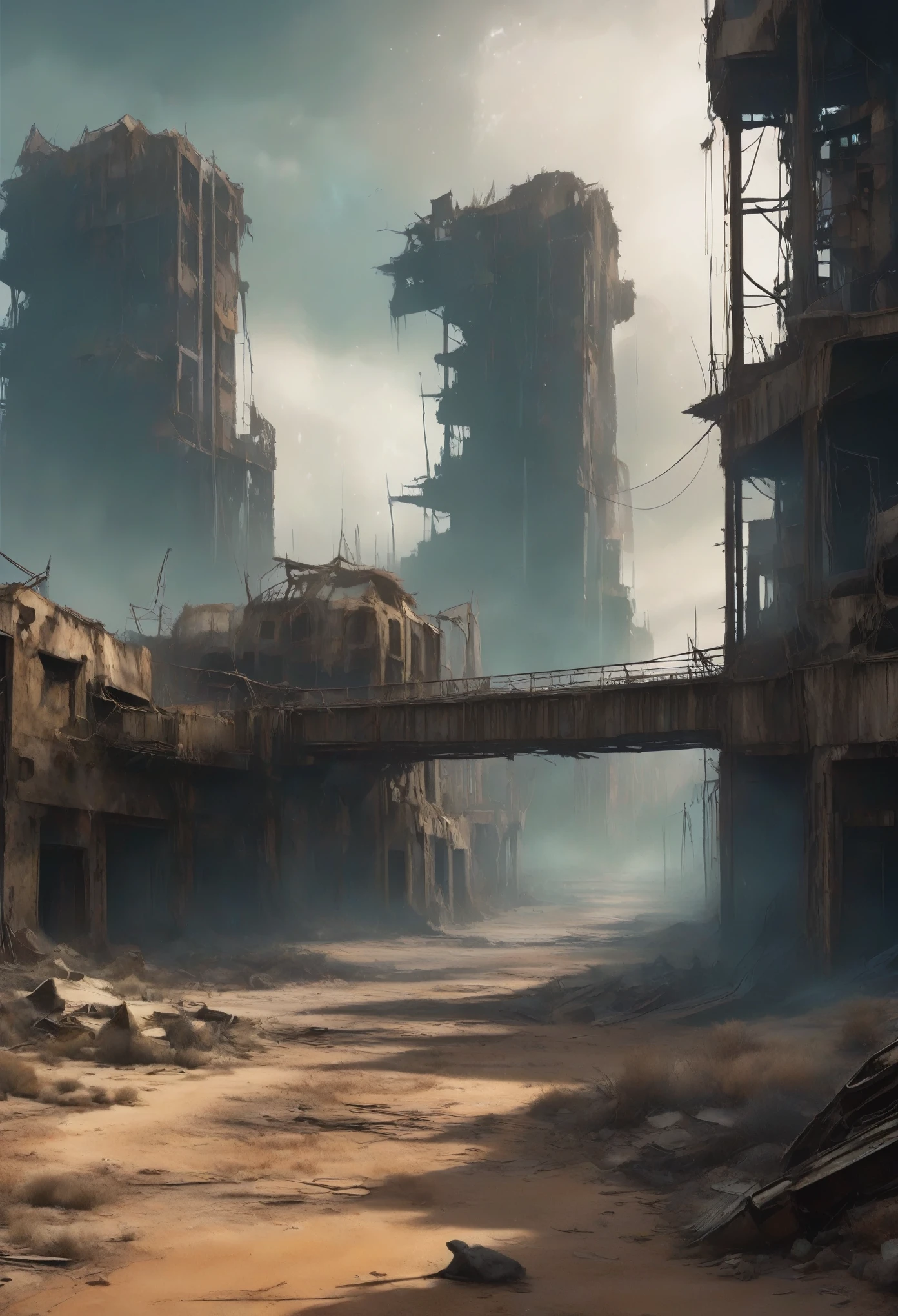 image of a top view of a deteriorated bridge winding between 2 buildings in the center of a post-apocalyptic canyon, There are 2 visible planets in the bluish-gray atmosphere, vision of the entire dark desert, there is a reinforced concrete walkway connecting two dark buildings on the horizon, tem muitos fios de energia pendurados na ponte, high voltage wires falling from the bridge, o deserto tem canyons no horizonte, tall, curved metal buildings on the horizon everywhere, has smoky metal structures, carros abandonados nas ruas, desert megalopolis, tall buildings and collapsing to the ground, many ruined metal buildings around, sol da tarde, gray and dark sky, 2 planets visible in the dark sky between dark clouds, dark night in the sky, There are 2 visible planets in the bluish-gray atmosphere, TEM UMA GAROTA VESTIDA COM CAPUZ ANDANDO NA RUA, as realistic as possible, As detailed as possible, as realistic as possible, ultra realismo