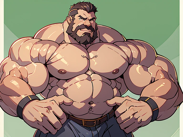 ((Masterpiece, Highest quality)). Daddy, homem musculoso,bodybuilder, rosto detalhado, barba grande, com raiva. Unado arnes, luvas de couro, oculos escuro, flexcionando os bicepis.
