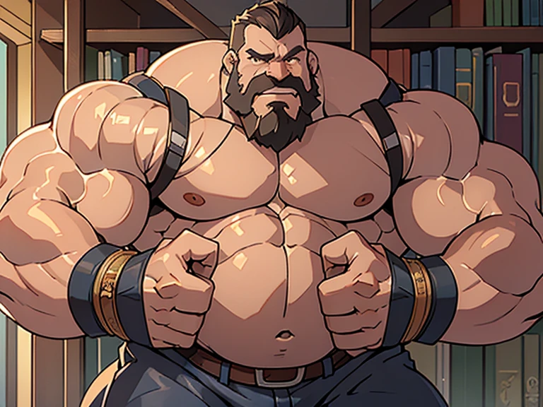 ((Masterpiece, Highest quality)). Daddy, homem musculoso,bodybuilder, rosto detalhado, barba grande, com raiva. Unado arnes, luvas de couro, oculos escuro, flexcionando os bicepis.