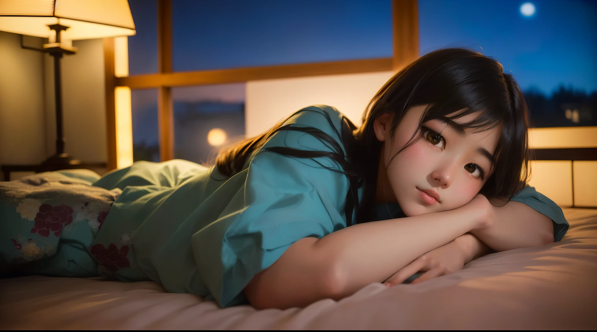 There is a young girl sleeping on the bed in the room., Young Japanese girl, anime. Soft lighting, Portrait of a Japan ager, Real young gravure idol, Shot with Canon EOS 5D Mark IV, Another close-up of Iwakura, Portrait Soft Lowlight, Young Sensual Gravure Idol, Portrait Shot, soft Portrait Shot 8 k