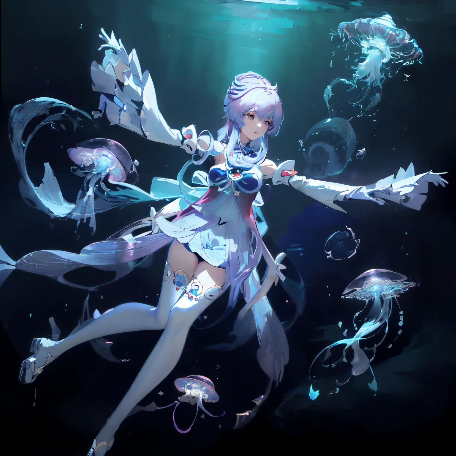 A woman in a white dress、Image of a woman wearing a white hat in GALAHAD, Jellyfish Priestess, Complex and gorgeous anime CGI style, Jellyfish Miko, Hot topics on cgstation, guweiz, A close-up fantasy of water magic, Anime girl walking on water, Gu Weisz style artwork, jelly fish dancing, Ethereal fantasy, Victorian Era,jellyfish elements,Genshin Impact Style,Coral Palace Heart Sea