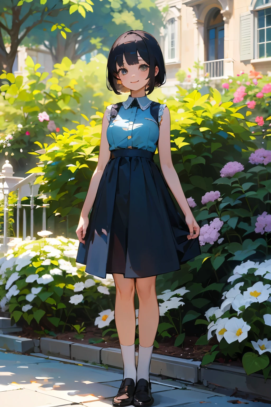 (high quality, High resolution, Very detailed, reality:1.37), Peaceful atmosphere, (Outdoor, garden), age girl standing alone, (my breasts are big.), Beautiful details, Cute Smile, (Black bob hair), Blue sleeveless dress, White socks, loafers.