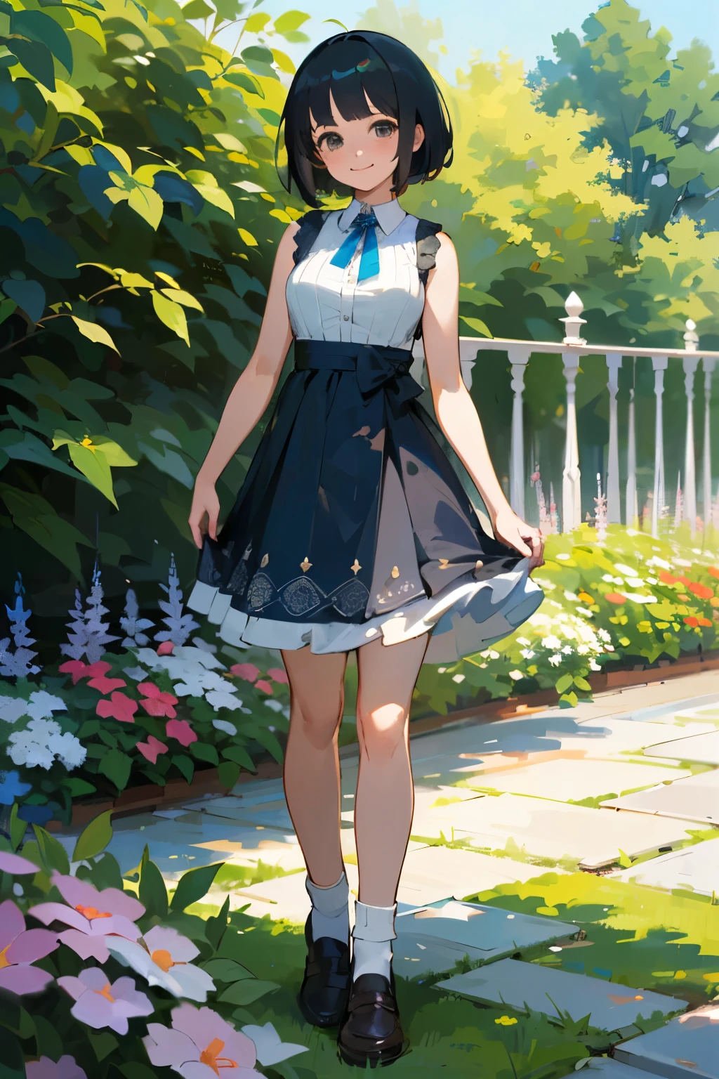 (high quality, High resolution, Very detailed, reality:1.37), Peaceful atmosphere, (Outdoor, garden), Teenage girl standing alone, (my breasts are big.), Beautiful details, Cute Smile, (Black bob hair), Blue sleeveless dress, White socks, loafers.