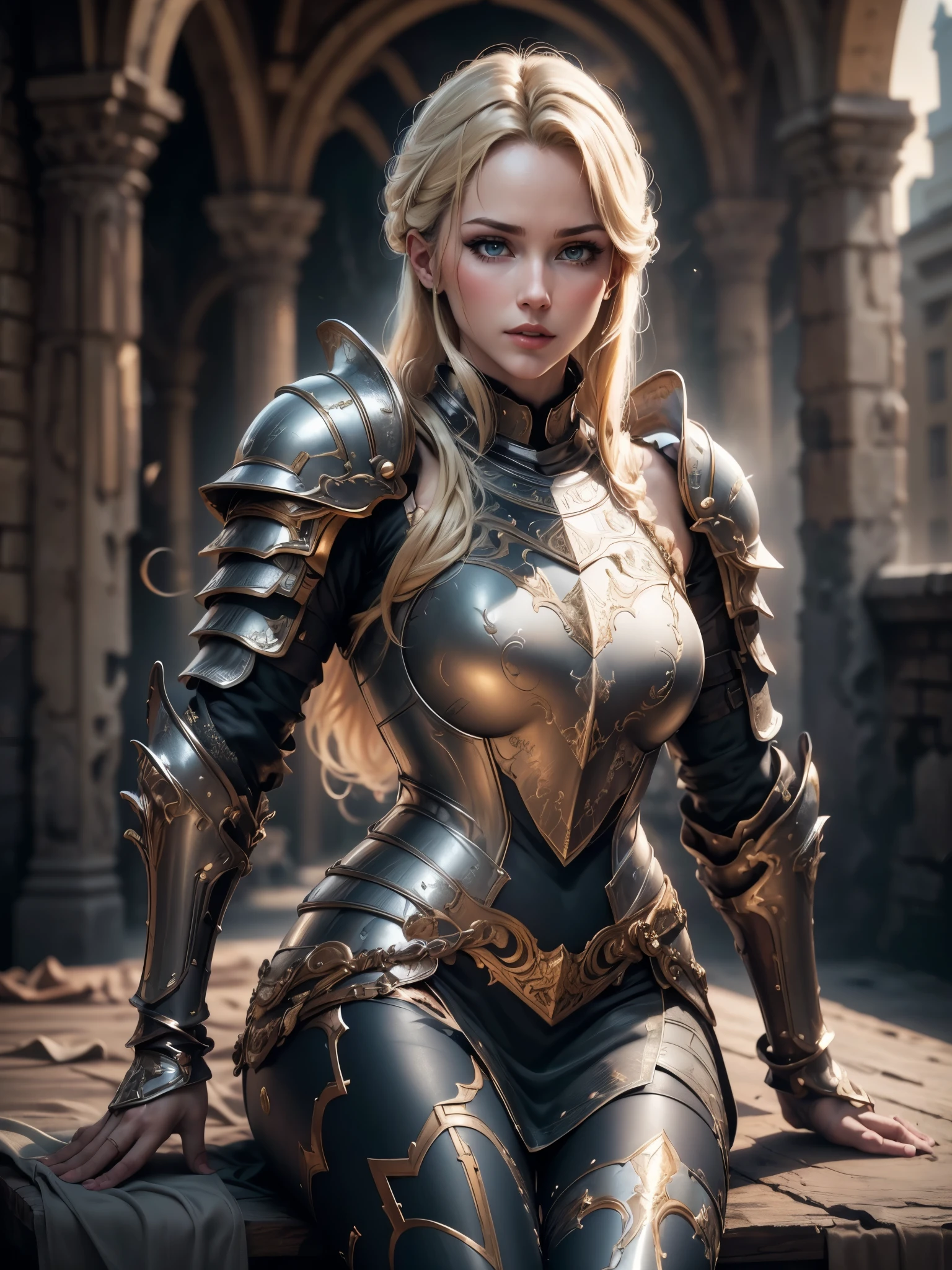 (Masterpiece, Superb Detail, Super Detailed, High Resolution), Male Focus, (((Female Armor))), (((Armor Dress Set))), (She Has Long Blonde Hair, Medium Breasts, Slim, perfect body, beautiful face, sit on chair), Pose for Photo, City Ruins, Background Details, (((Full Body)), Solo