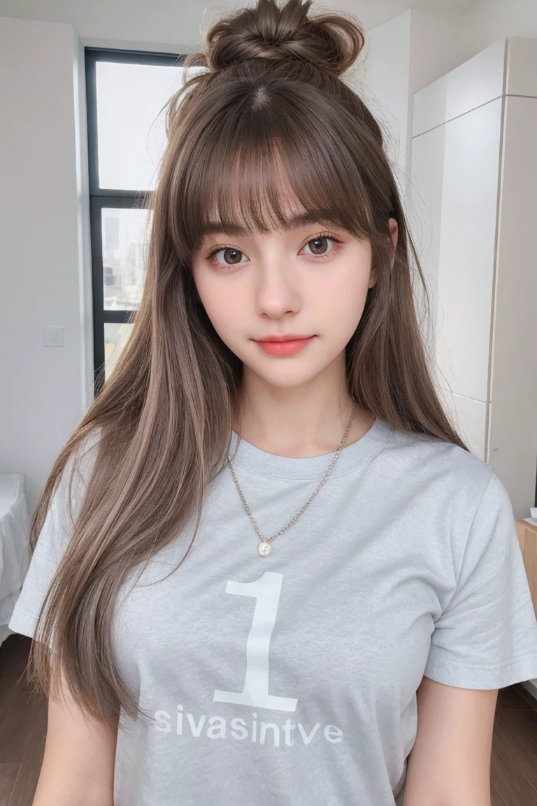 1 Girl, Beautiful, , 20 Years Old, White Skin, standing in room, , Skinny, , , attractive , seductive,1girl, , brown eyes, wearing tshirts , tshirt large sized, ((perfect pussy )), , , , absurdres, high res, ultrasharp, 8K, masterpiece, looking at viewer   ,  Grey Hair, Silver bun messy hairstyle, r, , ((adorable:1.1)), ((masterpiece:1.1)), Sleepy Cute Face ,