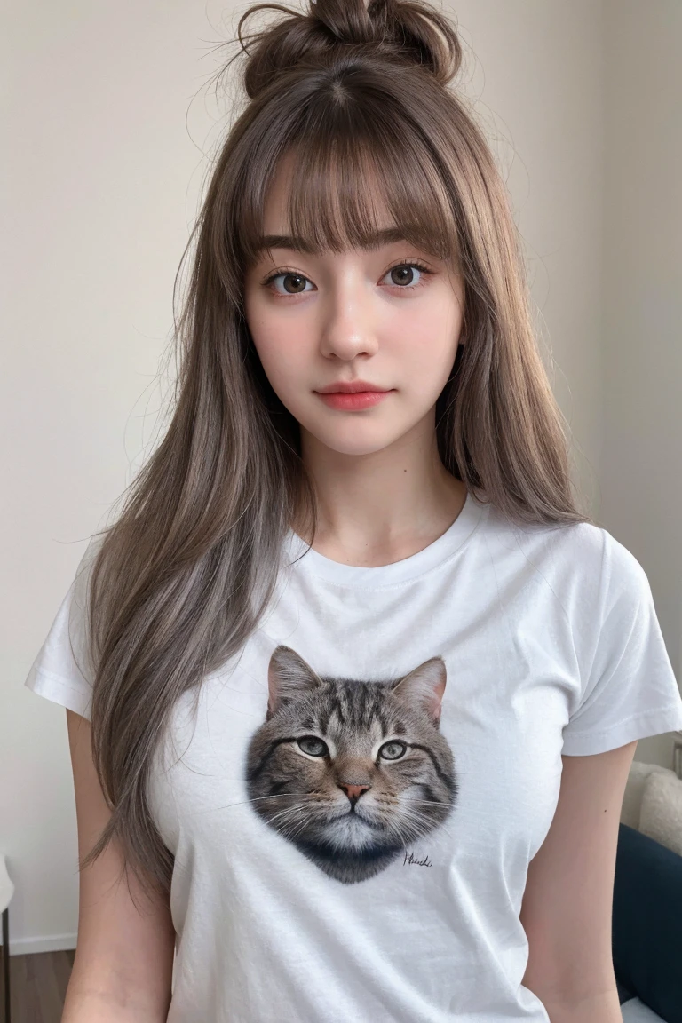 1 Girl, Beautiful, Baby Face, 20 Years Old, White Skin, standing in room, , Skinny, , , attractive , seductive,1girl, , brown eyes, wearing tshirts , tshirt large sized, ((perfect pussy )), , , , absurdres, high res, ultrasharp, 8K, masterpiece, looking at viewer   ,  Grey Hair, Silver bun messy hairstyle, r, , ((adorable:1.1)), ((masterpiece:1.1)), Sleepy Cute Face ,
