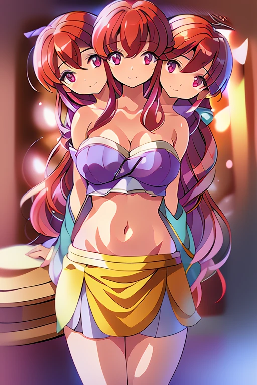 (masterpiece, best quality), best quality, (ultra-detailed), (3heads:1.5), 1girl, (kotohime:1.3), masterpiece, best quality, ultra quality, ultra resolution, ultra detail, purple top, crop top, ((stomach)), midriff, ((groin)), exposed open belly, purple skirt, normal ears, shackles, red hair, very long hair, wavy hair, sidelocks, red eyes, detailed eyes, pupils, parted lips, open belly, sweat, cute, toned belly, hand on own chest, eyelashes, (25 year old woman:1.3), (masterpiece:1.5), (best quality:1.5), (beautiful detailed), extremely detailed CG, extremely delicate and beautiful, depth of field, (finely detailed face), (perfect details:1.2), (mature female:1.3), wide pelvis, slender, large veiny breast, 16k resolution, highres, very high quality, very high definition, extremely detailed, masterpiece, red hair, long hair, alluring presence, braid, short skirt, close up, big tits, young,