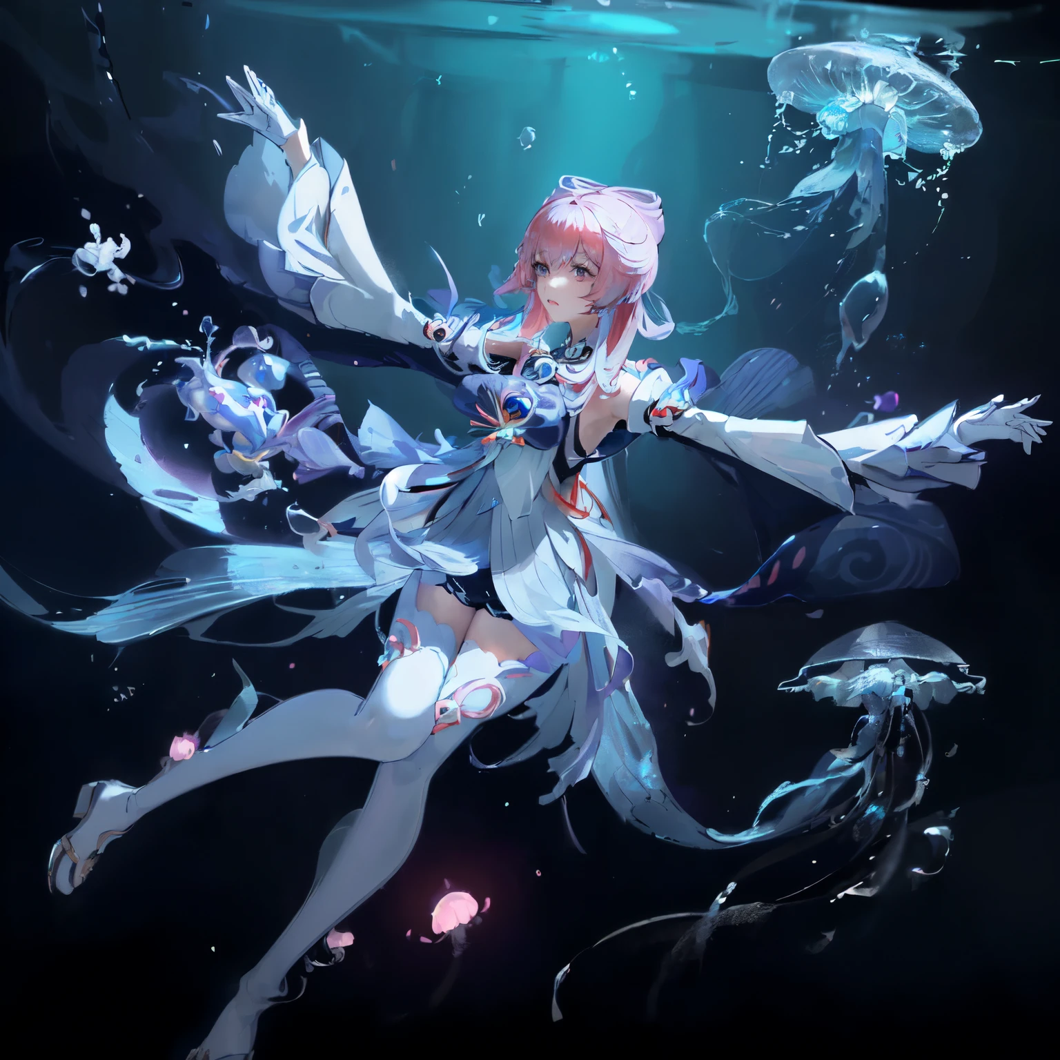 A woman in a white dress、Image of a woman wearing a white hat in GALAHAD, Jellyfish Priestess, Complex and gorgeous anime CGI style, Jellyfish Miko, Hot topics on cgstation, guweiz, A close-up fantasy of water magic, Anime girl walking on water, Gu Weisz style artwork, jelly fish dancing, Ethereal fantasy, Victorian Era,jellyfish elements,Genshin Impact Style,Coral Palace Heart Sea