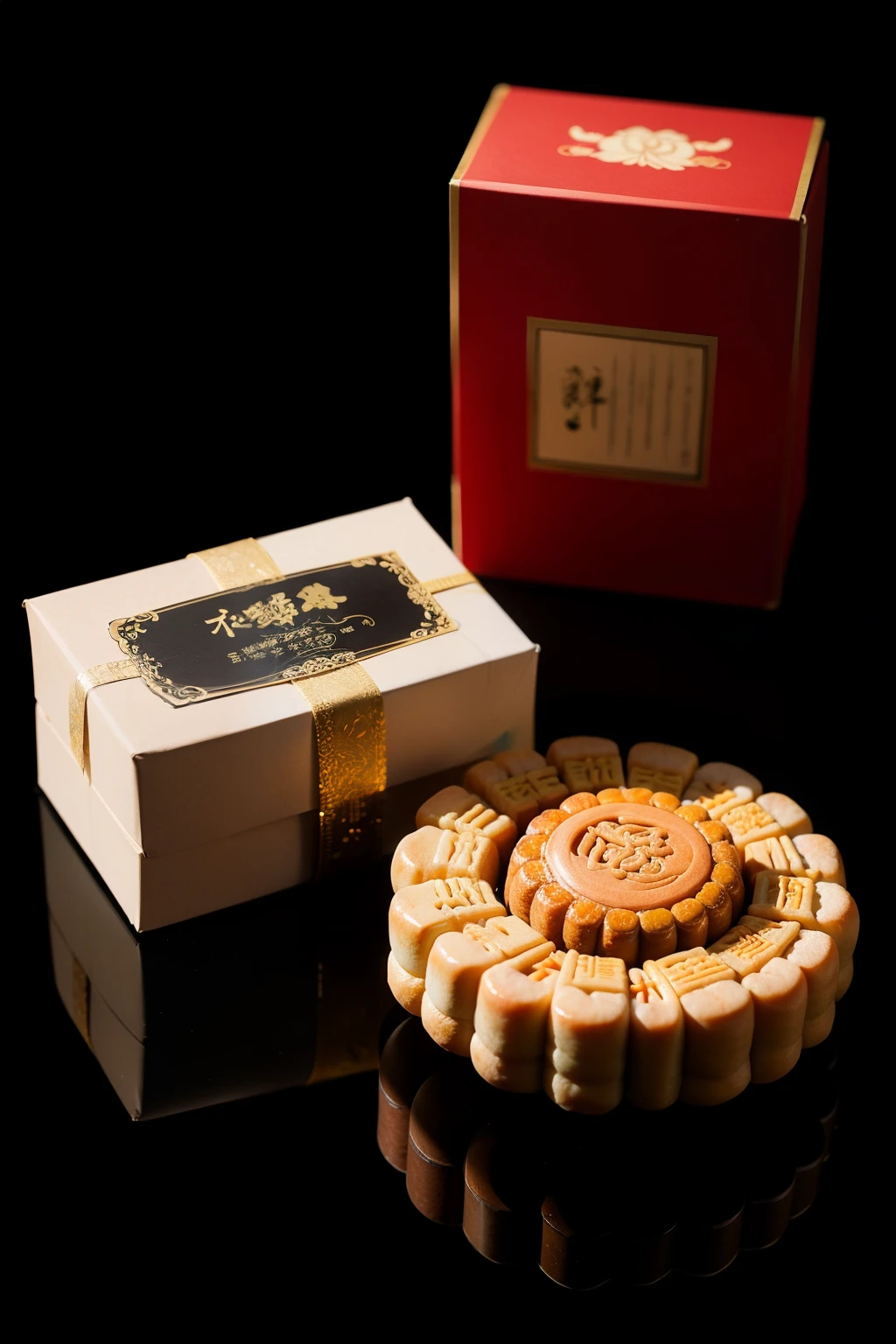 masterpiece, best quality, photo , photo, , High resolution,Design a high-end mooncake packaging,Chinese painting style,red,Front view,Medium shot,Atmospheric lighting,blur background,8K