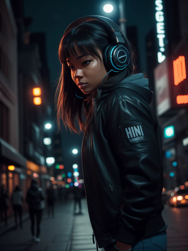 woman, absorbed in the rhythm of hip hop music, alone in the city at night, (1.3, Solo), Urban environment, (Headphones on:1.3), (Detailed sad face:1.2), Sad expression, Dressed casually, (Color dark palette: 1.3), cityscape background, buildings illuminated by neon lights, (motion blur: 1.3), immersive pose, captivated by the sounds of the city and my music, (realistic detail: 1.3), high audio quality, (night scene illuminated by streetlights), (Dynamic lighting: 1.2), (Shooting style: Street photography), Perfectly