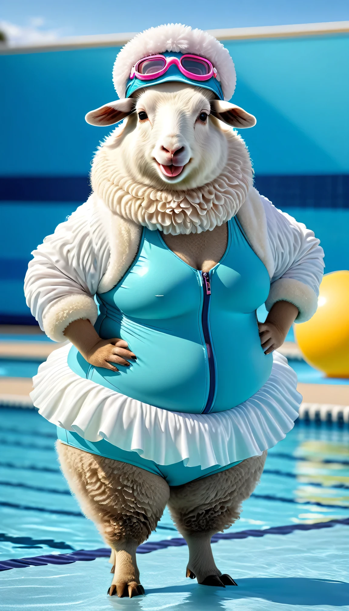 photorealistic portrait of Dressed animals - a ((fat)angora goat swimmer,(hands on hips:1.5),(happy smile),(furry), high quality,(lovely) ,intricate details, highly detailed (Competitive swimsuit), swimming cap and goggles, competition pool background, (happy), perfect lighting,(full body image:2.0)