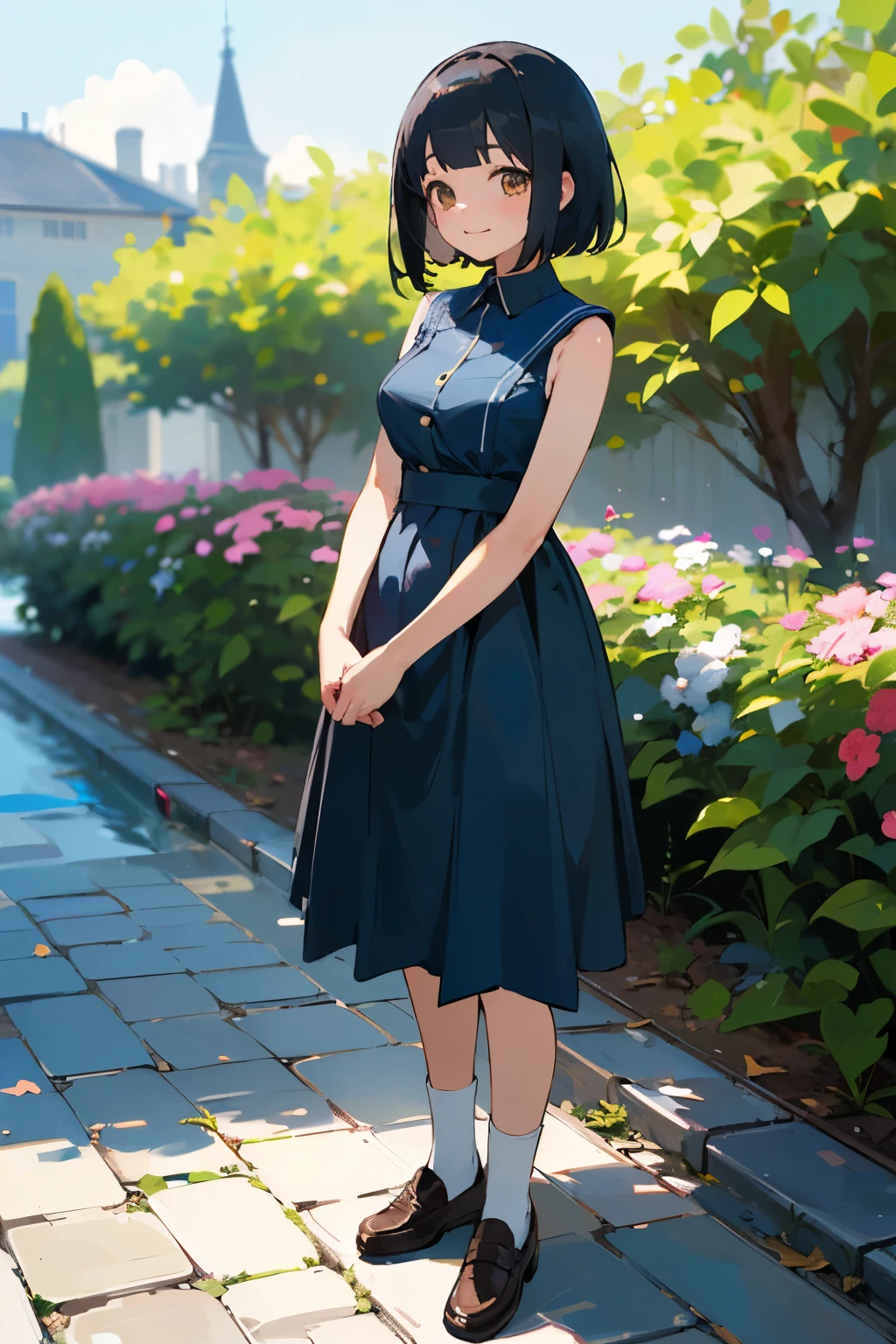 (high quality, High resolution, Very detailed, reality:1.37), Peaceful atmosphere, (Outdoor, garden), Teenage girl standing alone, (my breasts are big.), Beautiful details, Cute Smile, (Black bob hair), Blue sleeveless dress, White socks, loafers.