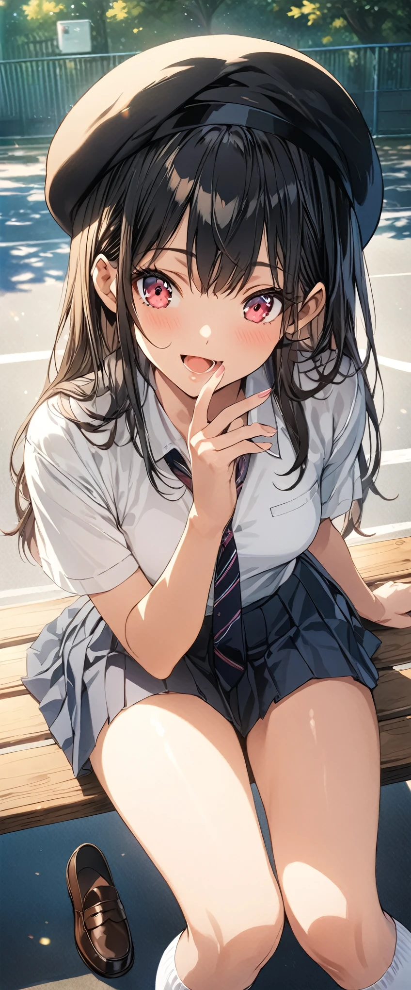 (masterpiece, best_quality), extremely detailed CG unity 8k wallpaper, super fine illustration, (anime_style), Woman posing for a photo, A shy smile, Small open mouth, Long Hair, Straight hair, Fine skin, Beautiful Hands, Beautiful fingers, Wearing a beret, tie, Small breasts, Short sleeve blouse, Pleated skirt, Thighs, Absolute area, Knee socks, loafers, Daytime, Hot summer day, School, Schoolyard, Sitting on a bench, holding Canned juice, Natural light, Detailed face:1.2, Sharp focus, Hasselblad Photos, masterpiece, light makeup, Cinematic lighting, 4k, sharpness, Anime Style, whole body, Canned juice, BREAK looking at another, perfect anatomy, perfect body, (perfect arms), (perfect hands, perfect fingers), perfect legs, perfect feet, perfect toes, 5_fingers, (4_fingers,1_thumbs),