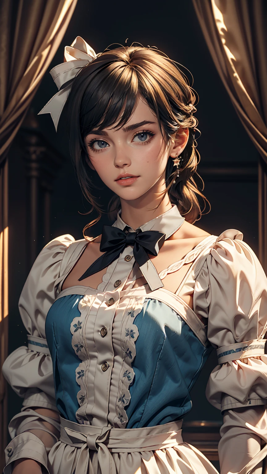 One girl, masterpiece, highest quality, 8k, Detailed skin texture, Detailed cloth texture, Beautifully detailed face, Intricate details, Super detailed, Alice in Wonderland, (A ribbon on her head:1.1), Upper Body