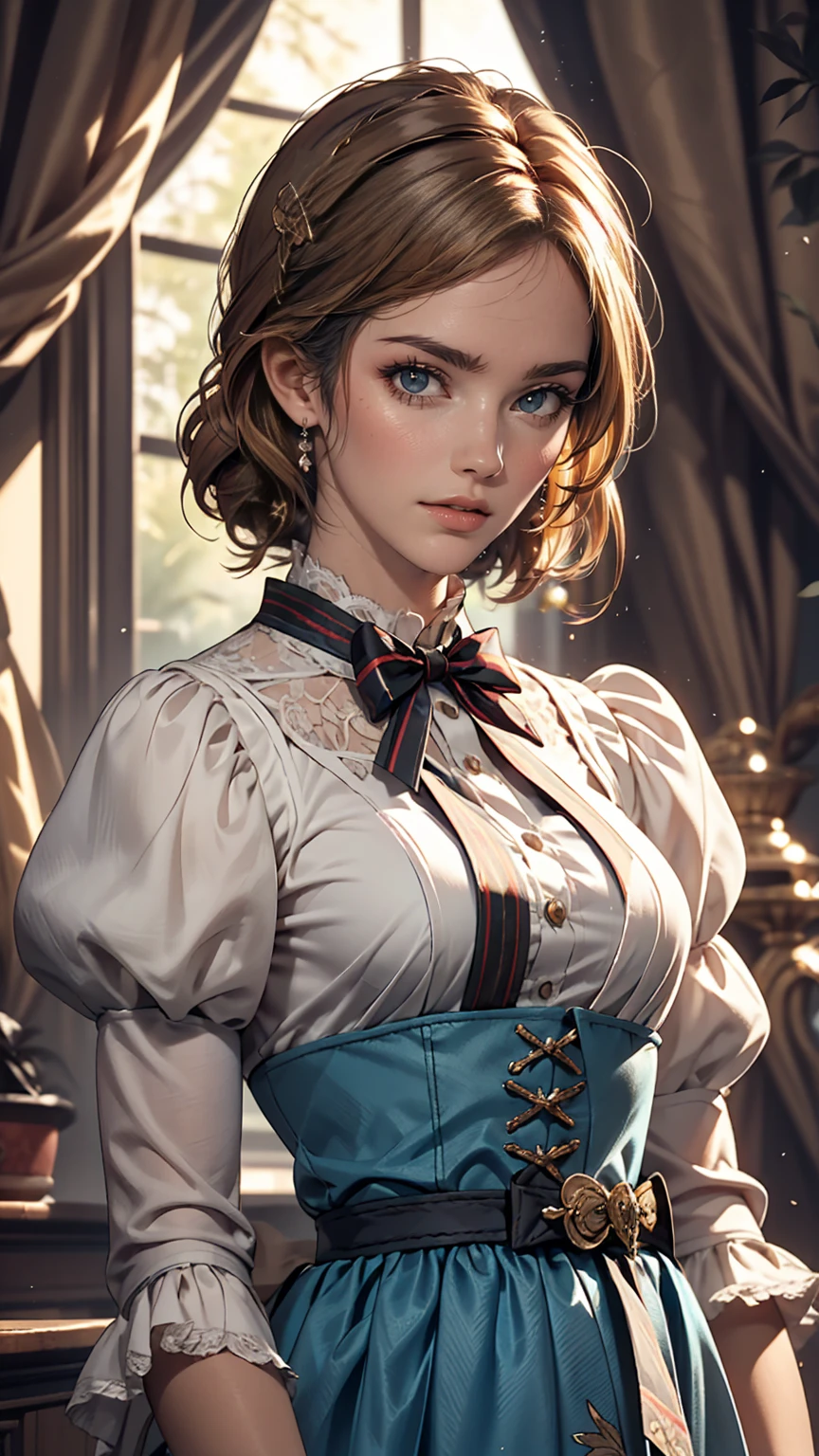 One girl, masterpiece, highest quality, 8k, Detailed skin texture, Detailed cloth texture, Beautifully detailed face, Intricate details, Super detailed, Alice in Wonderland, (A ribbon on her head:1.1), Upper Body