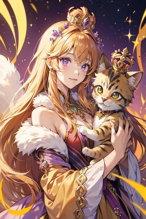 Ametrine anthropomorphic cat . light brown fur and heterochromic, with dark amber and purple eyes. wear harem-like clothing crowns with having a huge golden crown, small tiara with four flowers decorated on each side. SPARKLE; GLITTER
