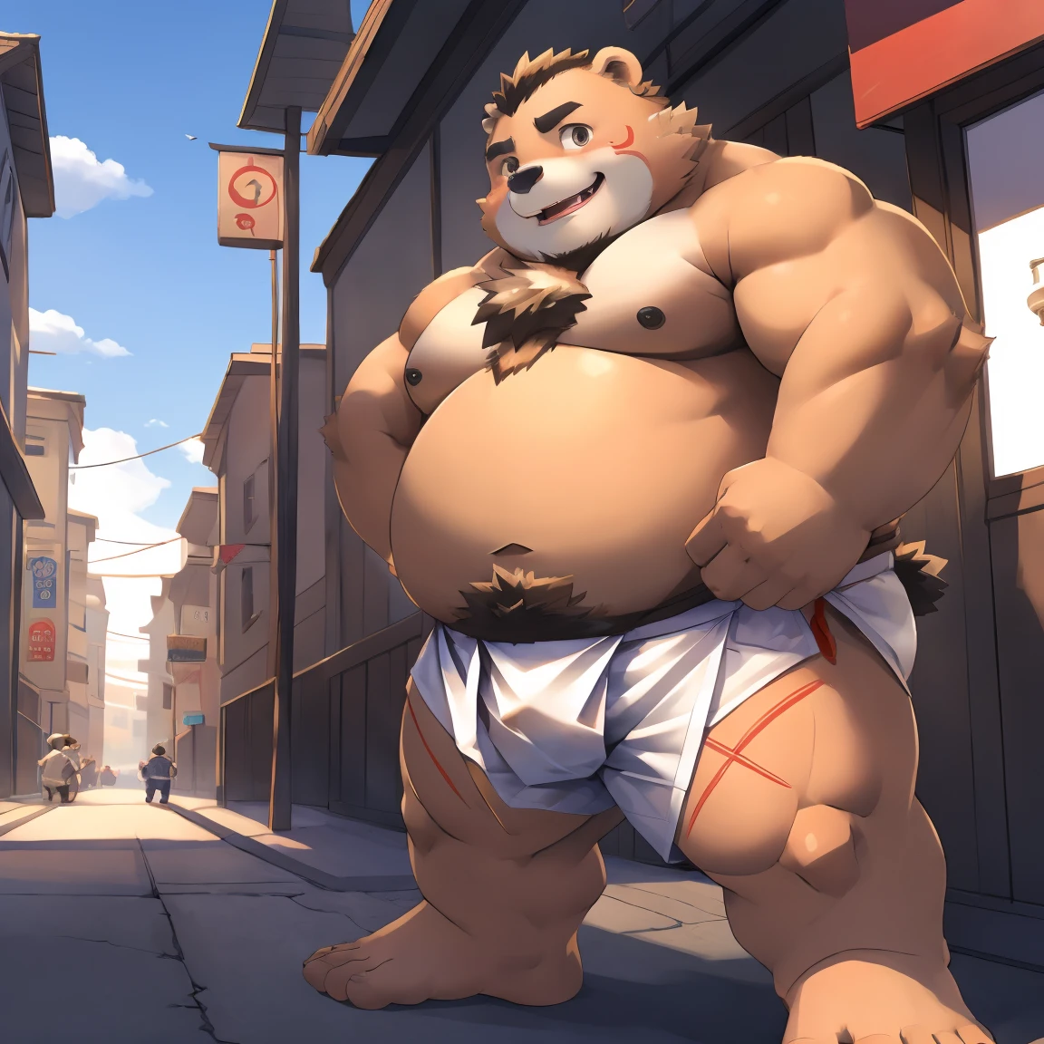 ((Masterpiece)),((Hight quality)),((Hught Detailed)),((Realistic,)) Anime Artistic masterpiece art, Concept anime art, Obese muscle zootopia citizen (massive obese, strong legs and arms, hairy, incredibly big looking), Disney Zootopia movie character, Anatomy of character, Badass, Disney Obese sumo wrestler bear in ragged underwear, He is a poor very Obese and very muscular Sumo wrestler, Extreme Bloated and he is selling undershorts on the streets, Disney Zootopia movie Style