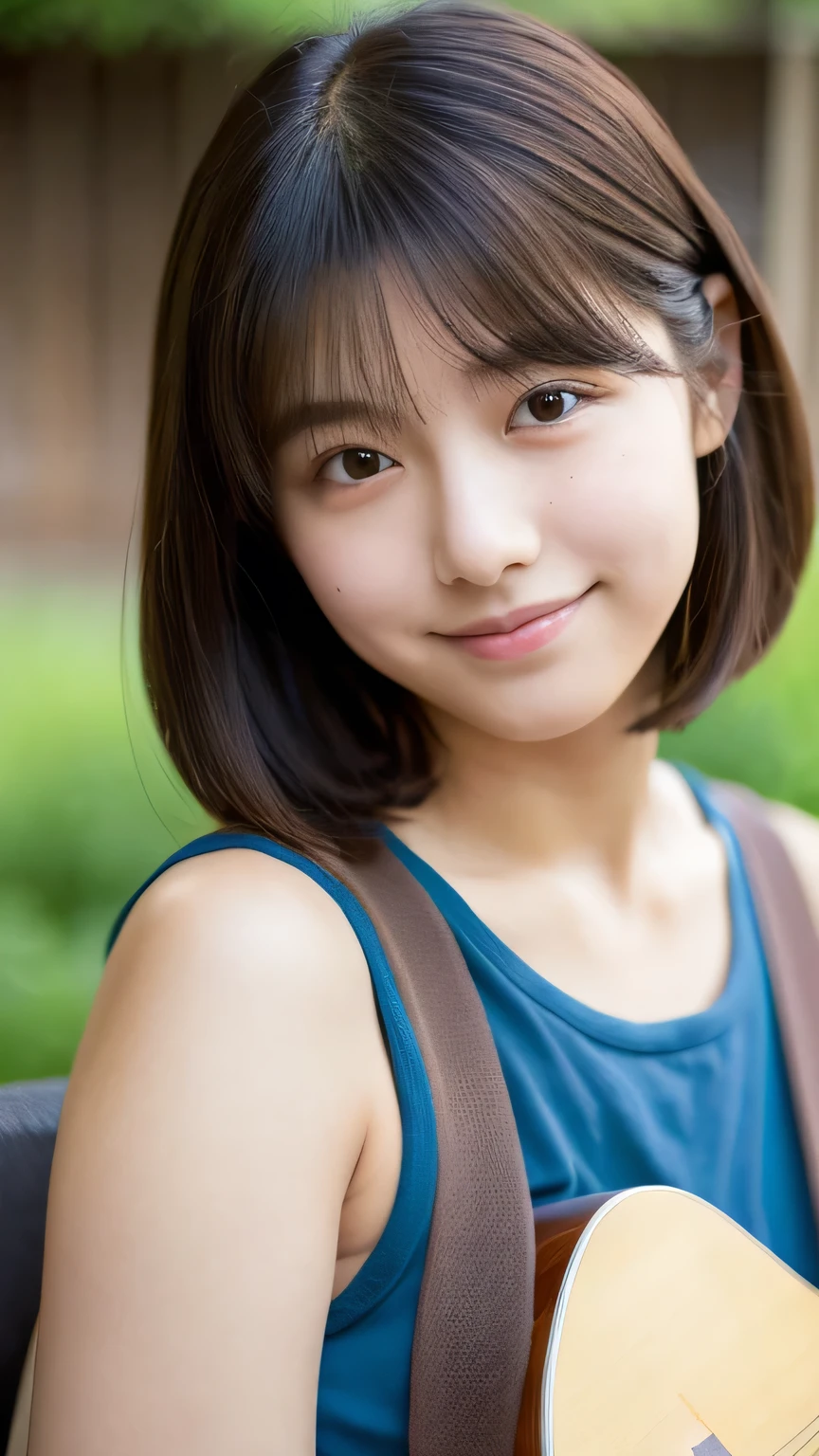 masterpiece High resolution Female student very cute natural atmosphere boyish 16 years old Bobcut Dimples Mole Tanuki face Tank top Playing Acoustic Guitar Are standing