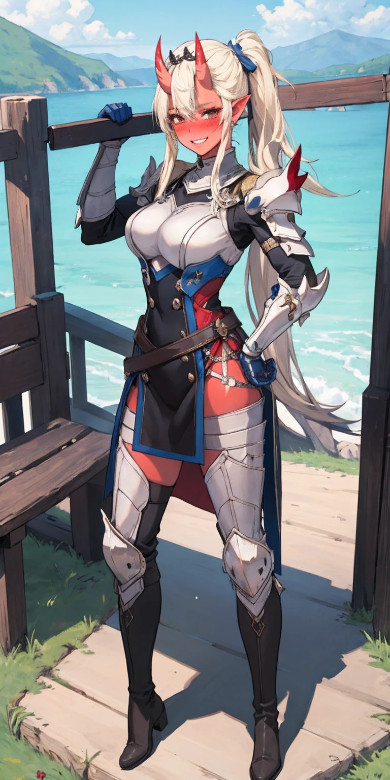 full body sitting on a bench showing ass to me, red breastplate (1girl)(red oni skin:1.2), looking at viewer, shiny armor, thigh highs, red red high boots, pauldrons shoulder armor, faulds, poleyn, gloves, gauntlets, rerebrace armored boots, (masterpiece, best quality, ultra-detailed, best shadow) yordle pointy ears muscular lean platinum blonde long twin-tails hairstyle at the office lustful smirking smile face red blushed, blush, strong abs, female body builder, tiara, twin drills hair