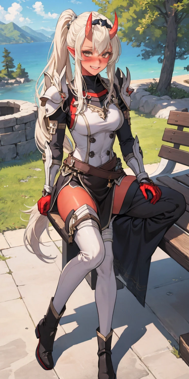 full body sitting on a bench showing ass to me, red breastplate (1girl)(red oni skin:1.2), looking at viewer, shiny armor, thigh highs, red red high boots, pauldrons shoulder armor, faulds, poleyn, gloves, gauntlets, rerebrace armored boots, (masterpiece, best quality, ultra-detailed, best shadow) yordle pointy ears muscular lean platinum blonde long twin-tails hairstyle at the office lustful smirking smile face red blushed, blush, strong abs, female body builder, tiara, twin drills hair