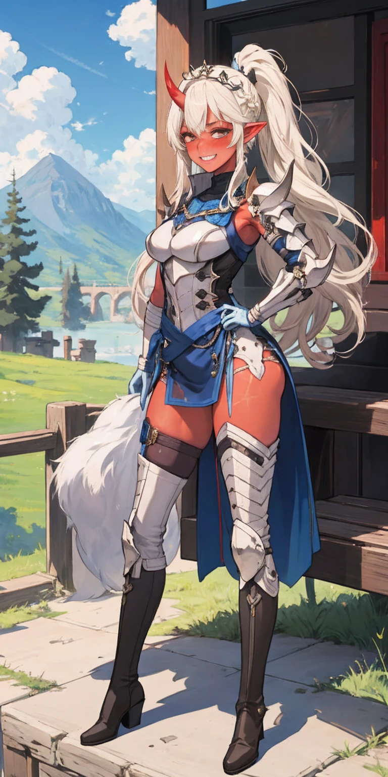 full body sitting on a bench showing ass to me, red breastplate (1girl)(red oni skin:1.2), looking at viewer, shiny armor, thigh highs, red red high boots, pauldrons shoulder armor, faulds, poleyn, gloves, gauntlets, rerebrace armored boots, (masterpiece, best quality, ultra-detailed, best shadow) yordle pointy ears muscular lean platinum blonde long twin-tails hairstyle at the office lustful smirking smile face red blushed, blush, strong abs, female body builder, tiara, twin drills hair